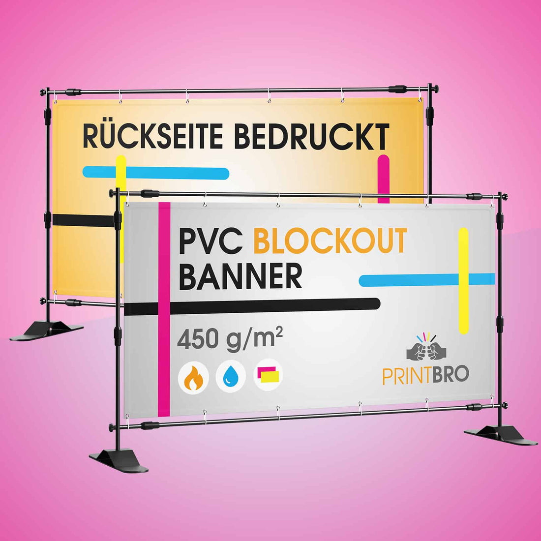 Blockout-Banner im Gestell: Vorderseite und bedruckte Rückseite