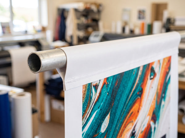 Hohlsaum an der Oberkante eines PVC-Banners mit eingeschobener Alustange